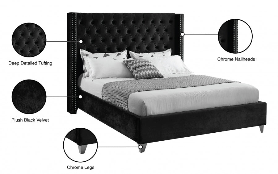 Aiden Velvet King Bed Black - AidenBlack-K