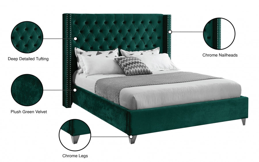 Aiden Velvet Queen Bed Green - AidenGreen-Q