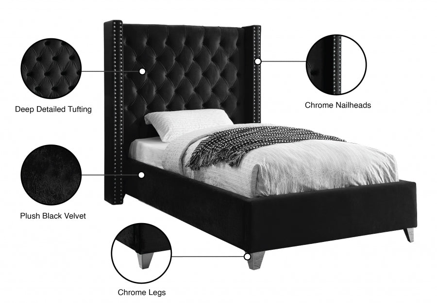 Aiden Velvet Twin Bed Black - AidenBlack-T