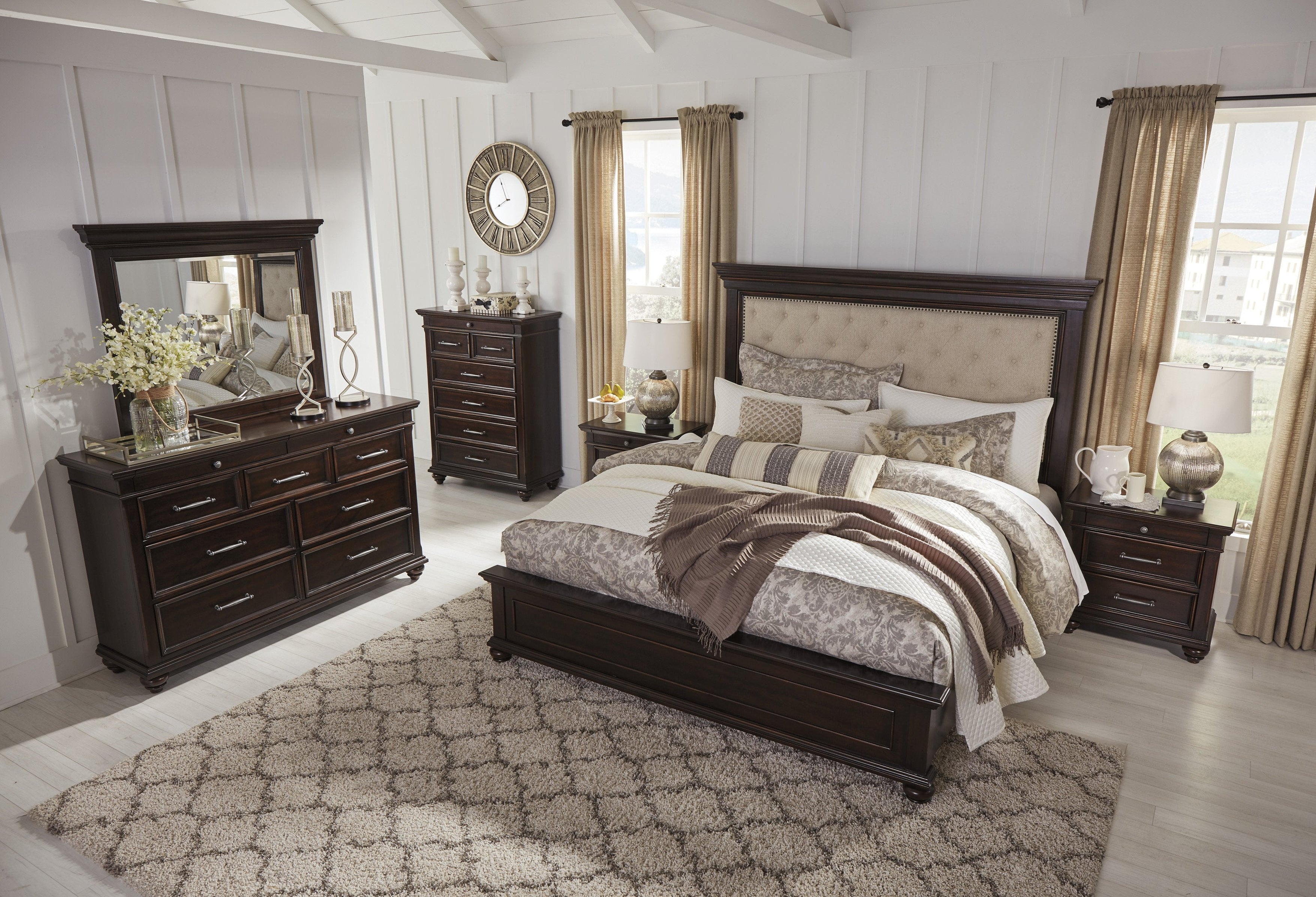 In Stock Brynhurst Dark Brown Upholstered Panel Bedroom Set — Gate Furniture