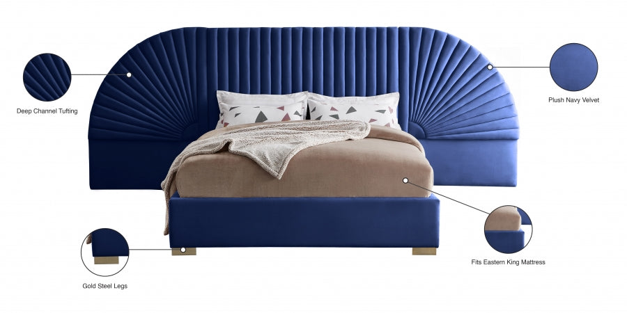 Cleo Velvet King Bed (3 Boxes) Blue - CleoNavy-K