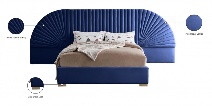 Cleo Velvet Queen Bed (3 Boxes) Blue - CleoNavy-Q