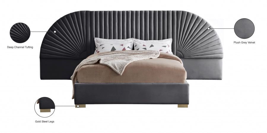 Cleo Velvet Queen Bed (3 Boxes) Grey - CleoGrey-Q