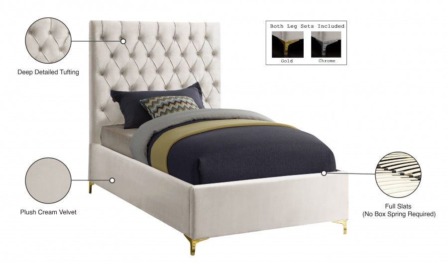 Cruz Velvet Twin Bed Cream - CruzCream-T