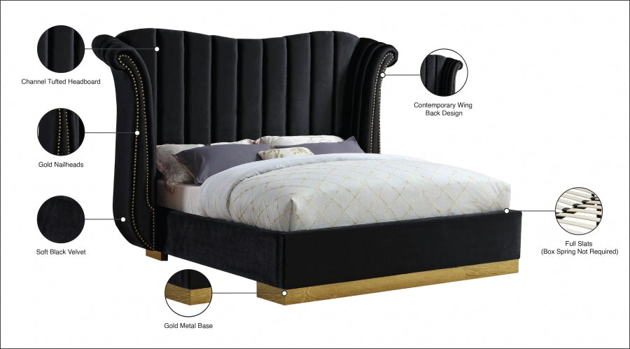 Flora Velvet King Bed (3 Boxes) Black - FloraBlack-K