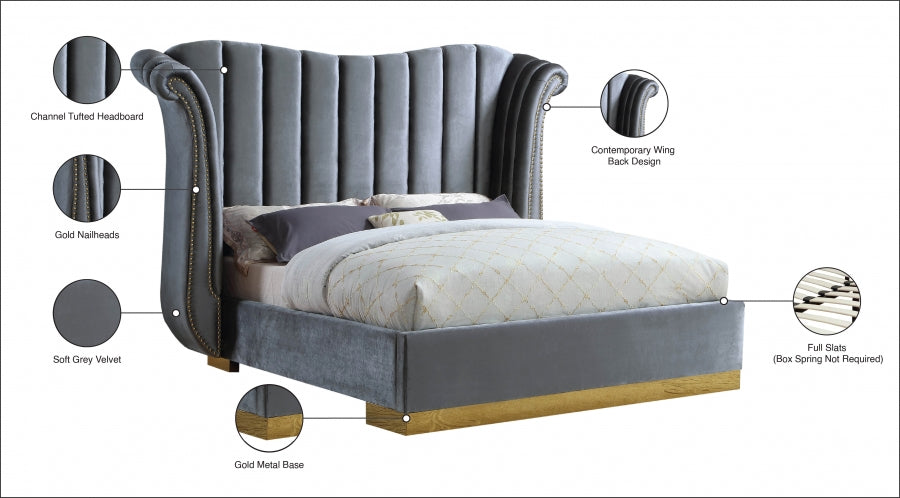 Flora Velvet King Bed (3 Boxes) Grey - FloraGrey-K