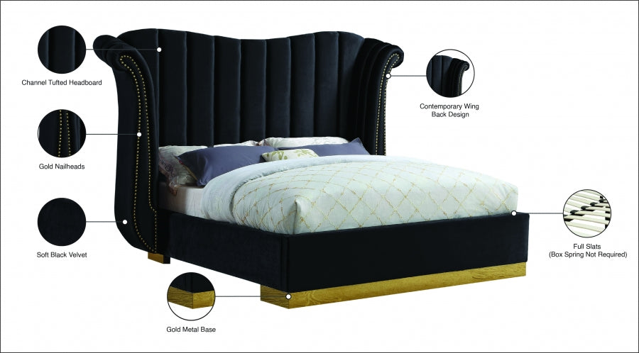 Flora Velvet Queen Bed (3 Boxes) Black - FloraBlack-Q