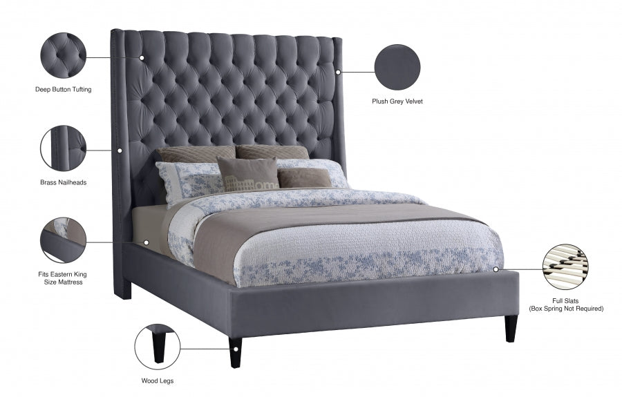 Fritz Velvet King Bed Grey - FritzGrey-K