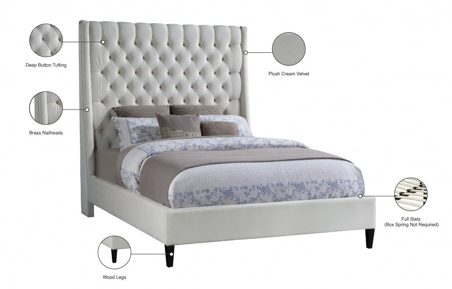 Fritz Velvet Queen Bed Cream - FritzCream-Q