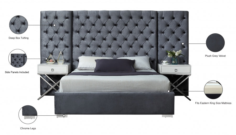 Grande Velvet King Bed (3 Boxes) Grey - GrandeGrey-K