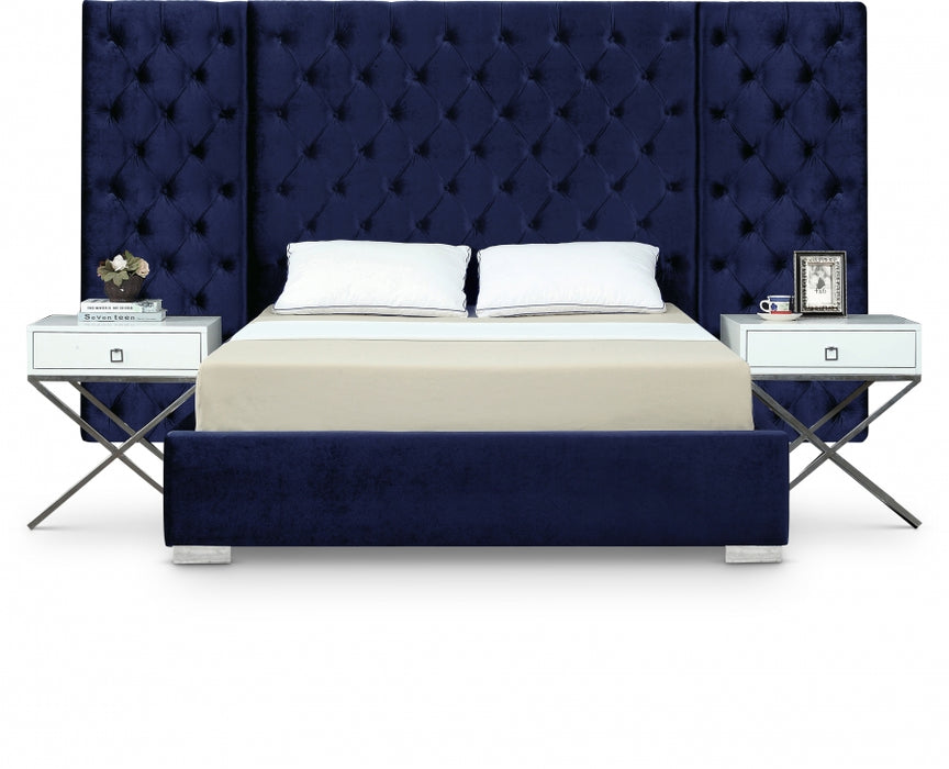 Grande Velvet Queen Bed (3 Boxes) Blue - GrandeNavy-Q