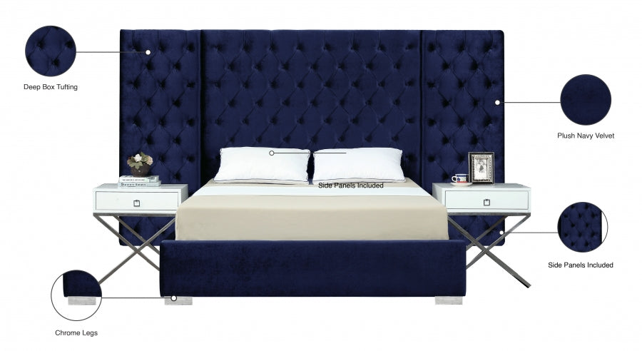 Grande Velvet Queen Bed (3 Boxes) Blue - GrandeNavy-Q