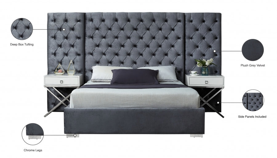 Grande Velvet Queen Bed (3 Boxes) Grey - GrandeGrey-Q