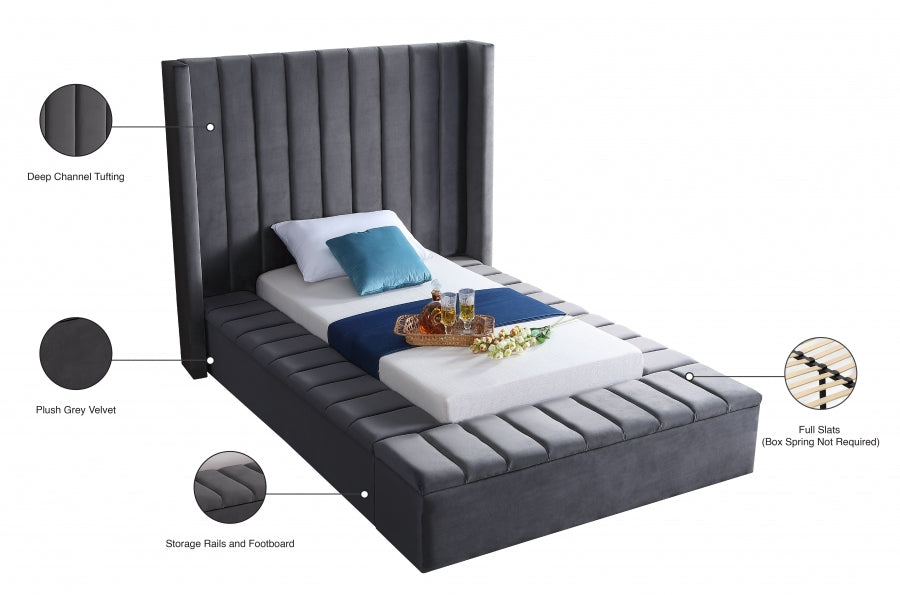 Kiki Velvet Twin Bed (3 Boxes) Grey - KikiGrey-T