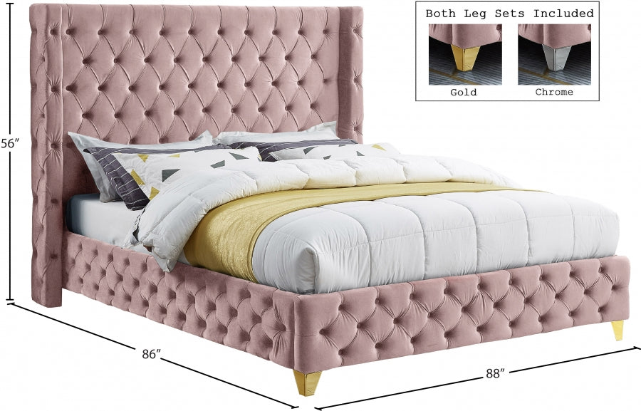 Savan Velvet King Bed Pink - SavanPink-K